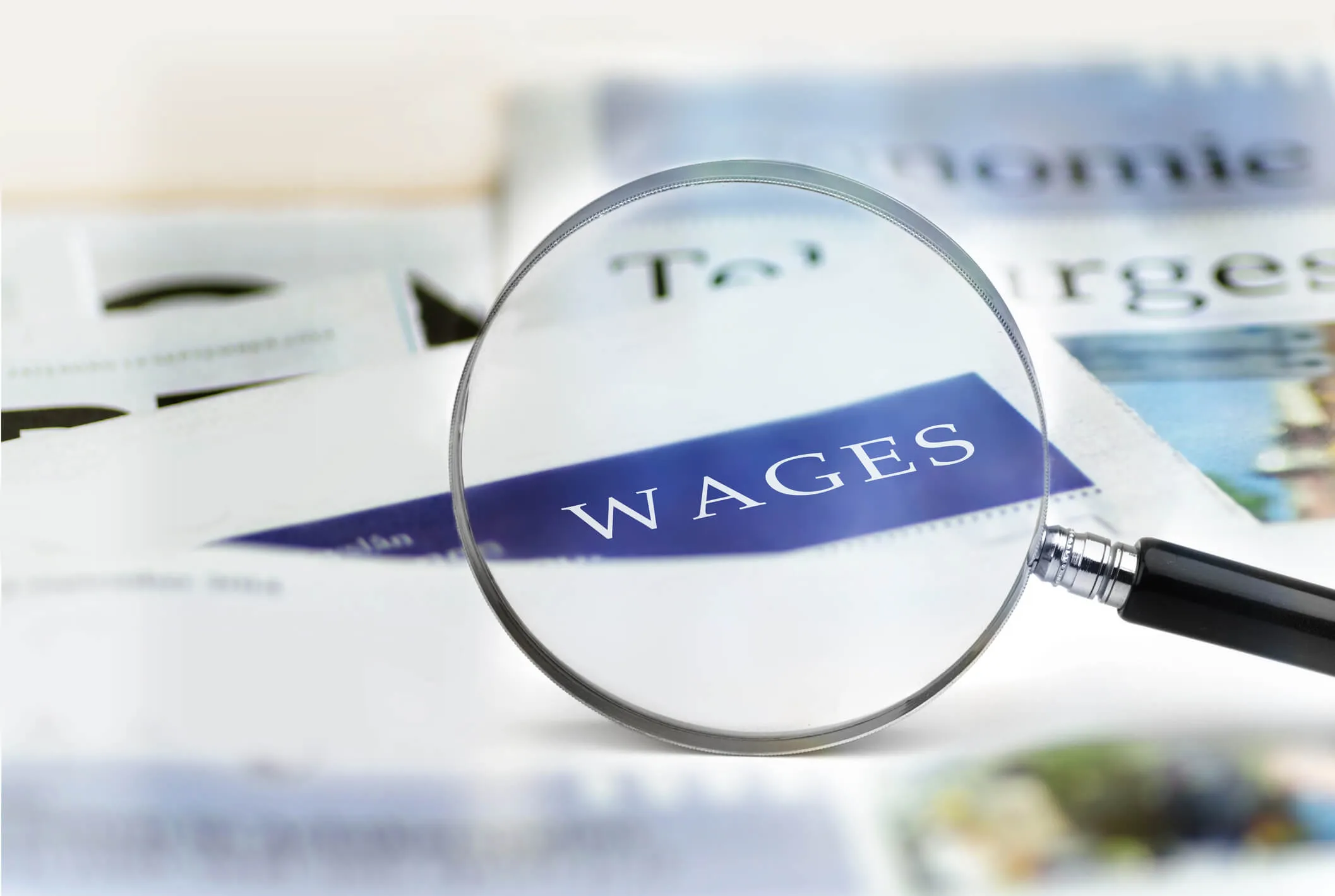 A magnifying glass magnifying the word wages.