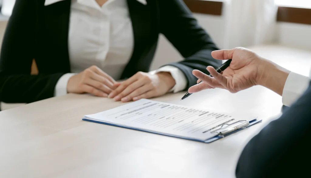 Employer discussing paperwork.