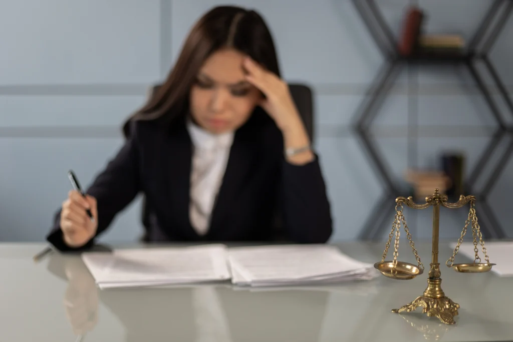 A lawyer sitting at a desk filling out paperwork
