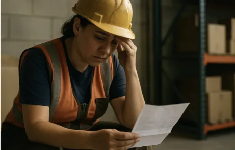 A concerned construction worker looking at paperwork while putting her hand on her head.